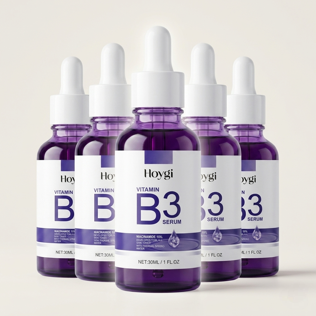 SknMaxxing niacinamide serum in purple dropper bottles with vitamin B3 for skincare