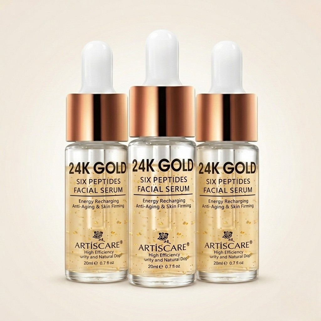 SknMaxxing 24K Gold Six Peptides Facial Serum bottles with energy recharging and anti-aging benefits