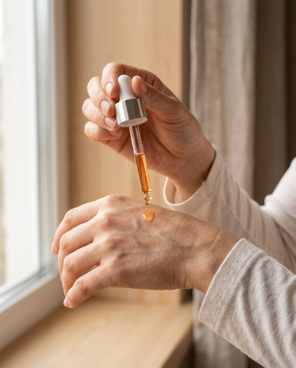 Applying Vitamin C Hyaluronic Acid Serum to skin - daily skincare routine