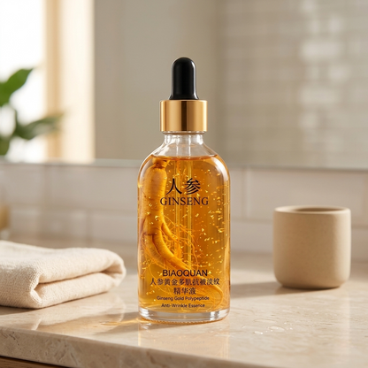 SknMaxxing facial serum anti aging best with ginseng gold polypeptide in clear dropper bottle