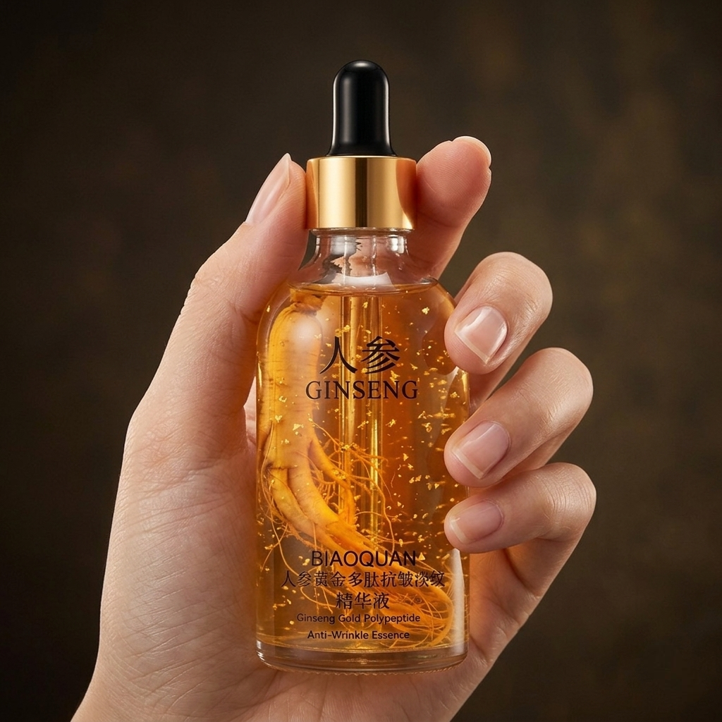 SknMaxxing facial serum anti aging best Ginseng Gold Polypeptide anti-wrinkle essence bottle in hand