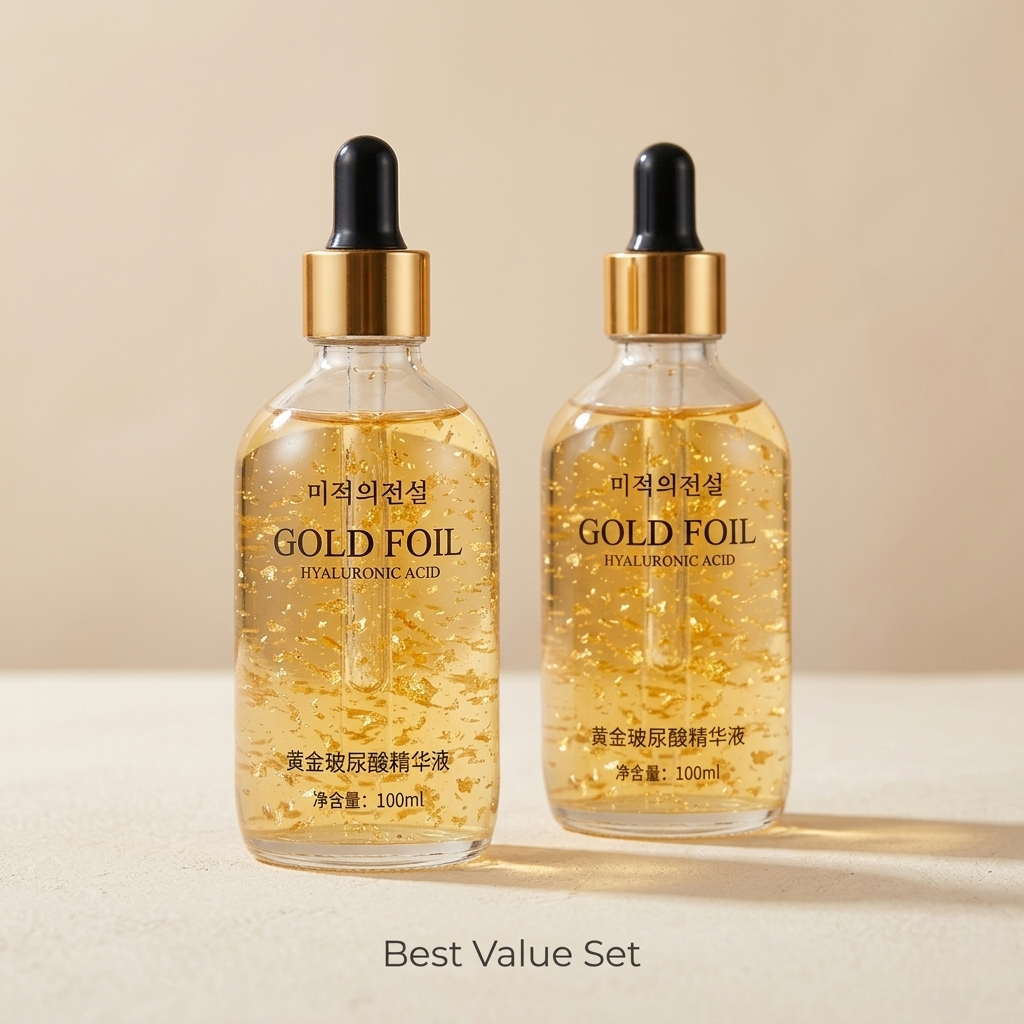 SknMaxxing Gold Foil Hyaluronic Acid facial serum anti aging best set with gold flakes and dropper bottles