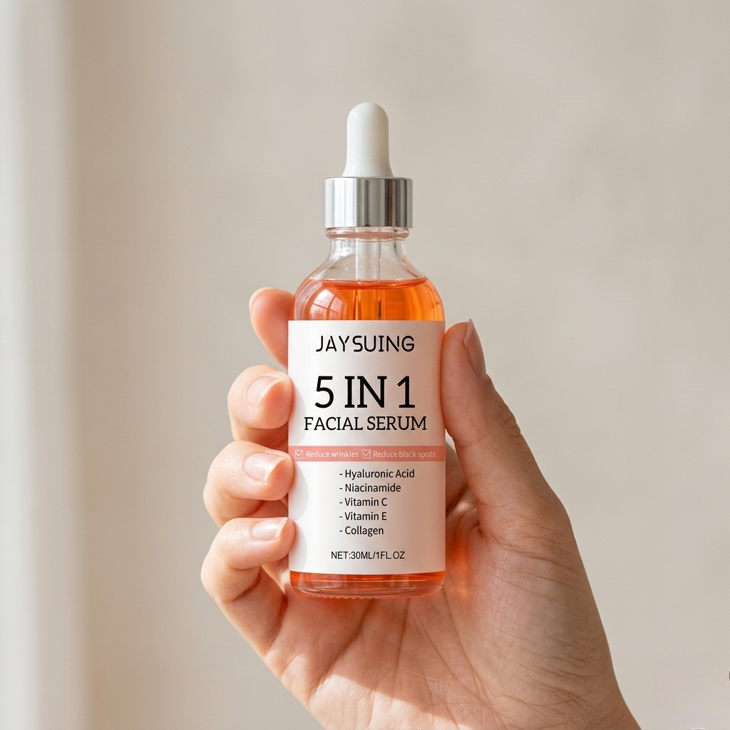 SknMaxxing facial serum bottle with hyaluronic acid held in hand showing 5 in 1 skincare benefits