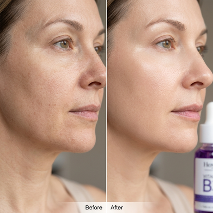 SknMaxxing niacinamide serum before and after results showing improved skin texture and brightness