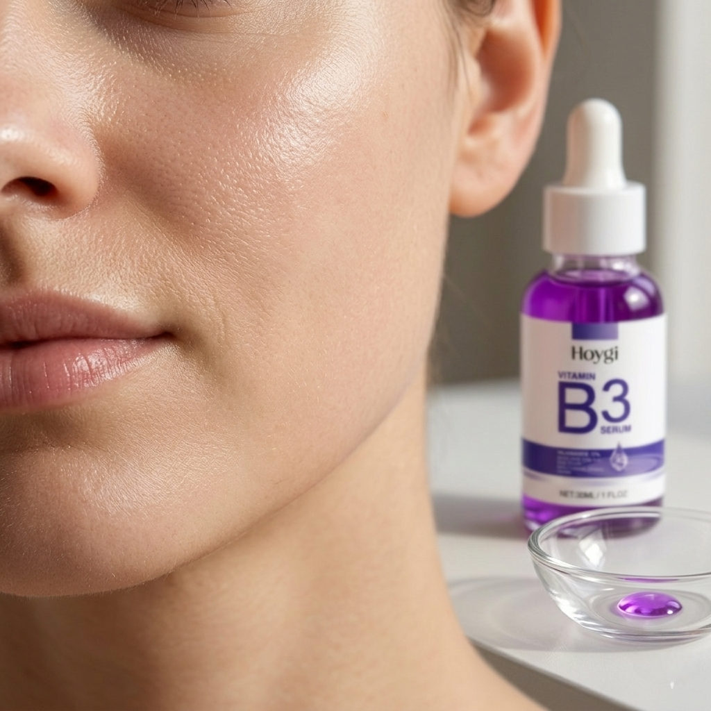 Close-up of woman with glowing skin and purple niacinamide serum bottle with dropper on table
