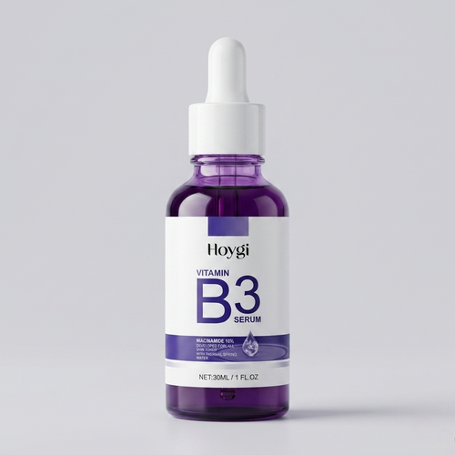 SknMaxxing niacinamide serum in a purple 30ml dropper bottle for brightening and skin care
