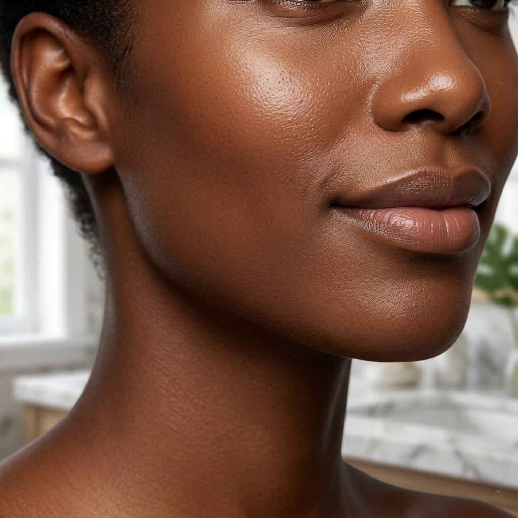 Close-up of woman with glowing skin using SknMaxxing niacinamide serum for facial care