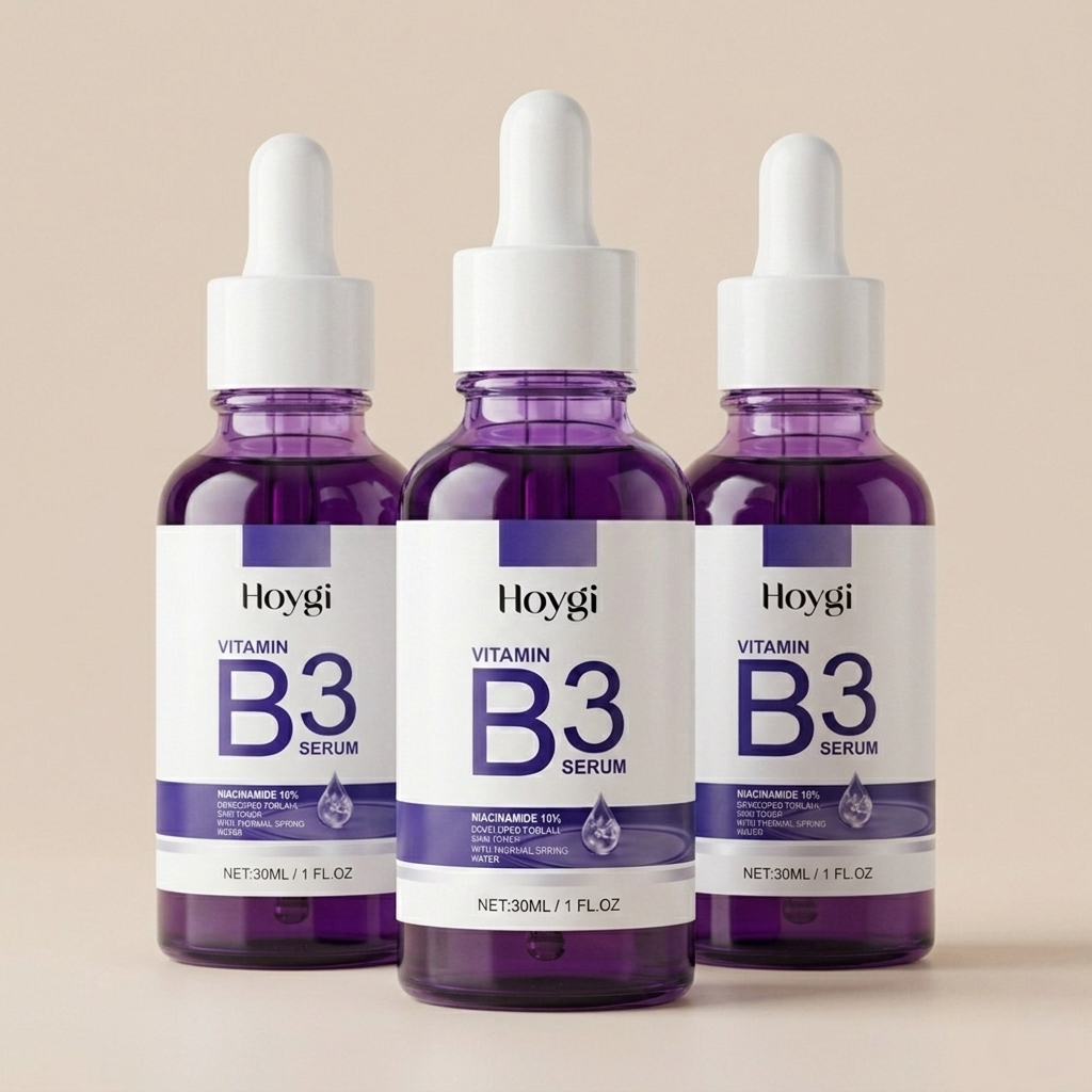 Hoygi Vitamin B3 niacinamide serum bottles with dropper caps in purple glass containers