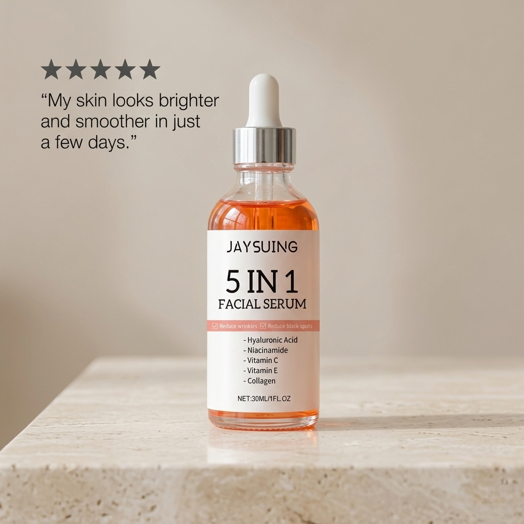 Jaysuing 5 in 1 Facial Serum bottle with hyaluronic acid and vitamins on beige surface