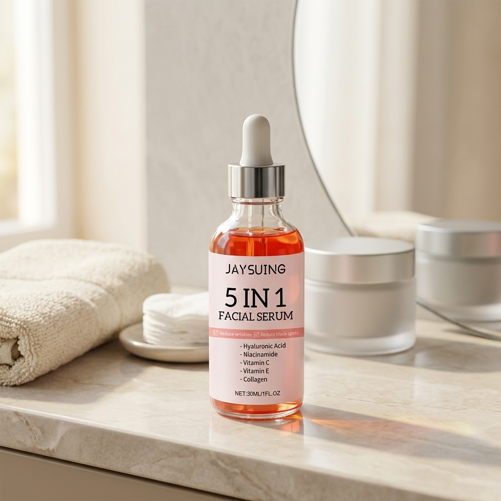SknMaxxing 5 in 1 facial serum with hyaluronic acid in clear dropper bottle on bathroom counter