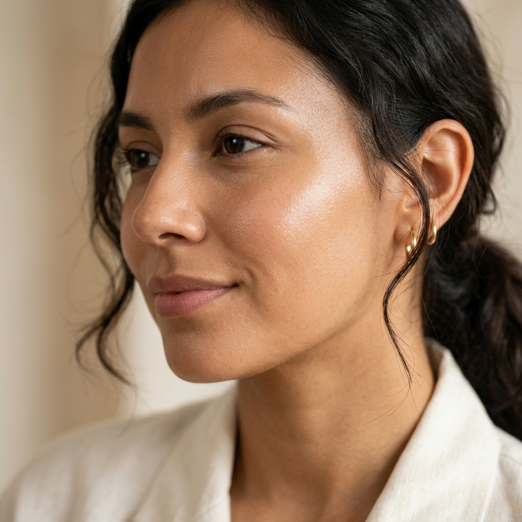 Close-up of woman with glowing skin showcasing serum anti aging best by SknMaxxing for youthful complexion