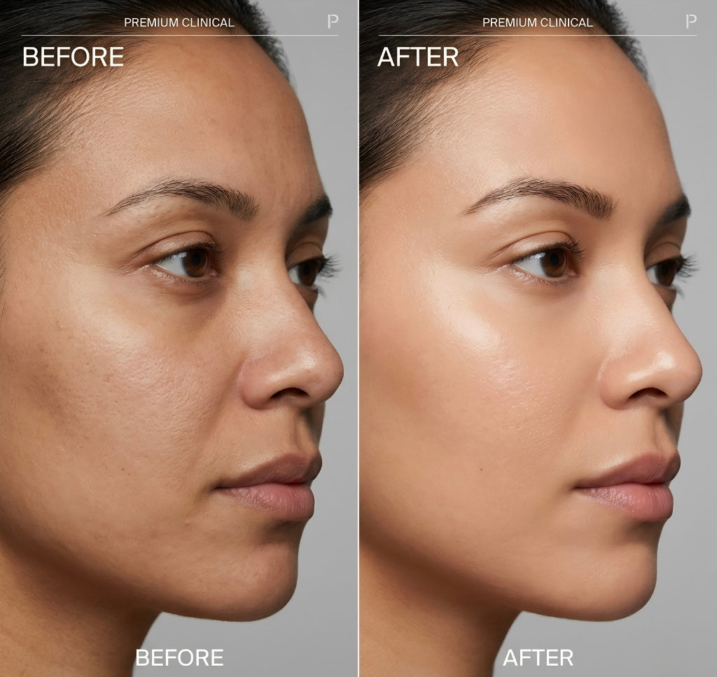 Before and after images showing improved skin texture using the ordinary multi-peptide serum for hair density by SknMaxxing