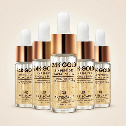 SknMaxxing 24K Gold Six Peptides Facial Serum bottles with dropper for anti-aging and skin firming featuring the ordinary multi-peptide serum for hair density