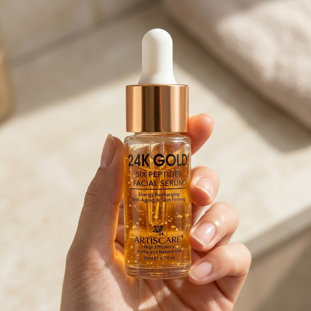 SknMaxxing 24K Gold six peptides facial serum held in hand with dropper bottle