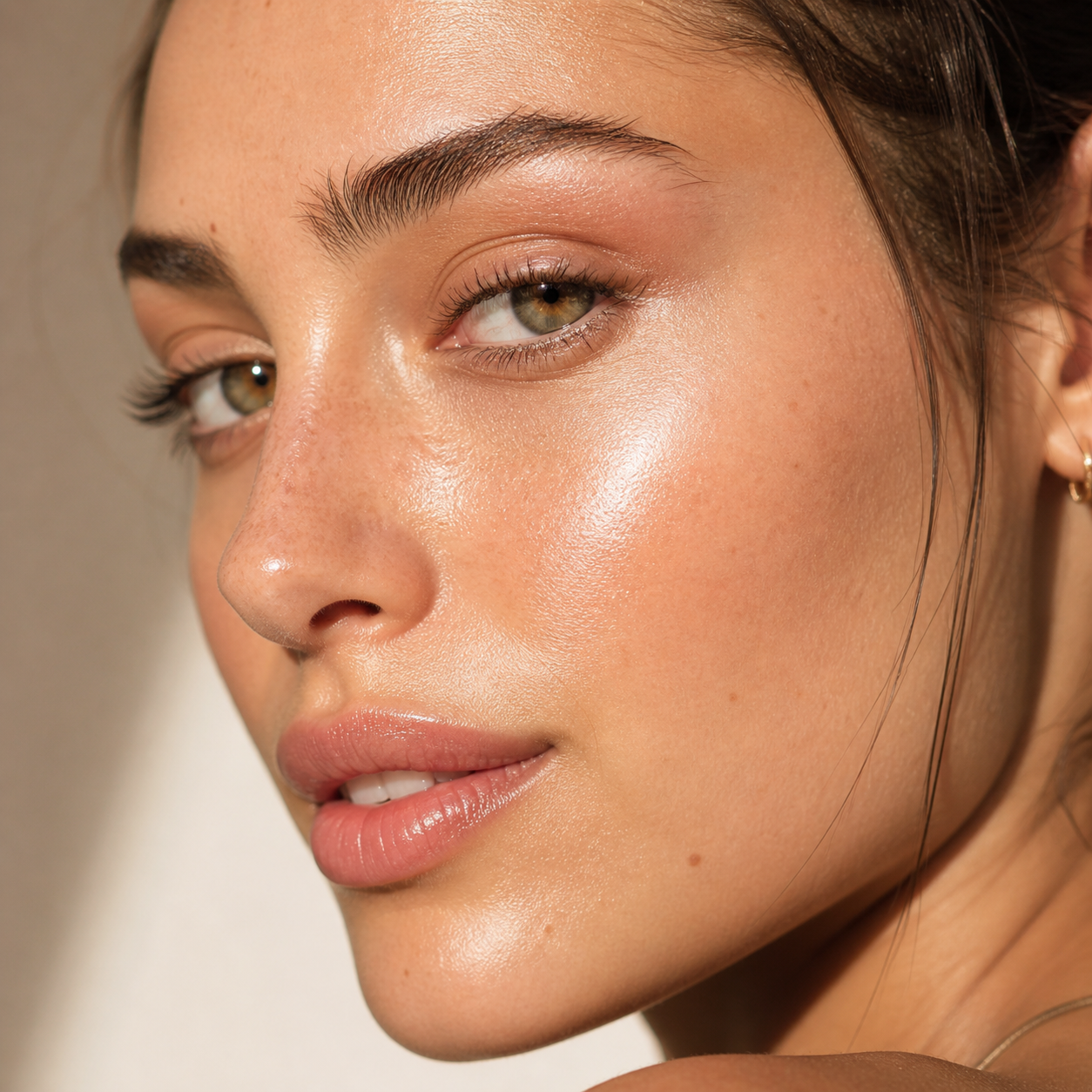 Close-up of a woman with glowing skin representing the ordinary multi-peptide serum for hair density by SknMaxxing