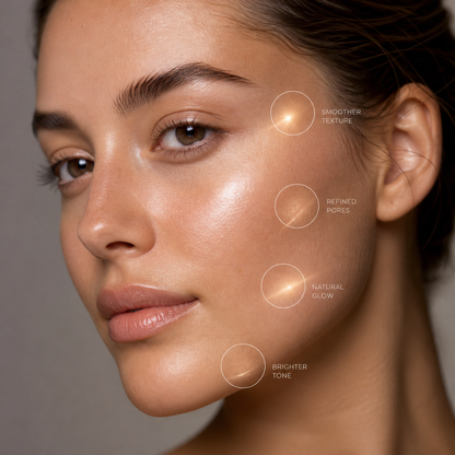 Close-up of a woman's glowing smooth skin showing benefits of the ordinary multi-peptide serum for hair density