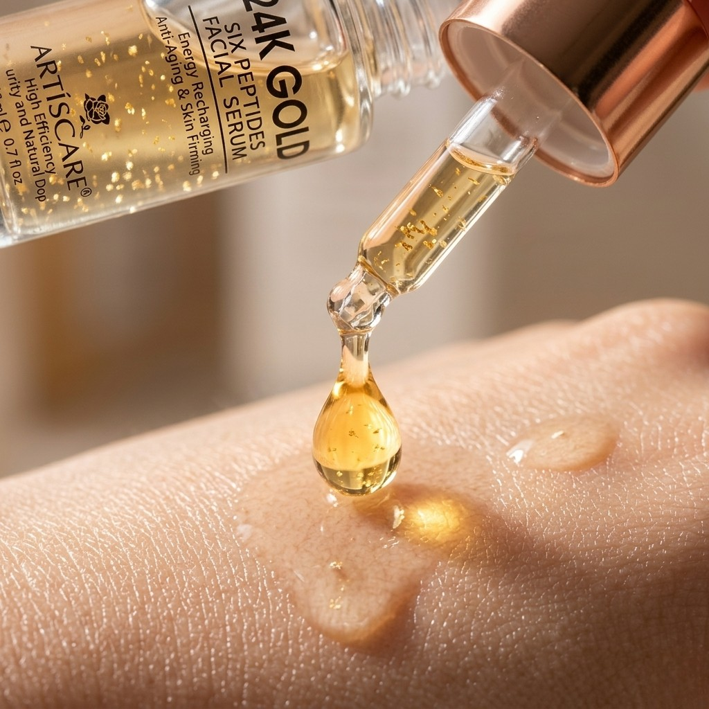 SknMaxxing facial serum with golden 24K gold particles being applied with dropper on skin