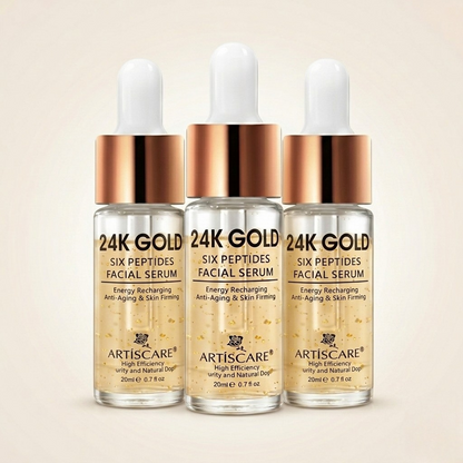 SknMaxxing 24K Gold Six Peptides Facial Serum bottles with energy recharging and anti-aging benefits