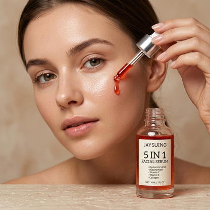 SknMaxxing facial serum with hyaluronic acid being applied on woman's glowing skin using dropper